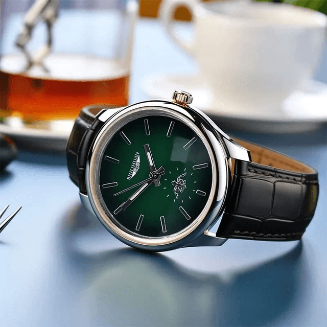 Montre à Quartz pour hommes, fond vert bracelet en cuir noir 