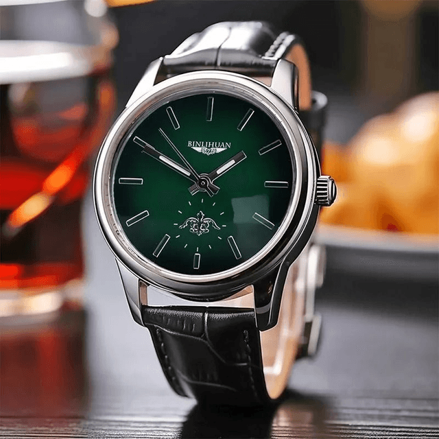 Montre à Quartz pour hommes, fond vert bracelet en cuir noir 