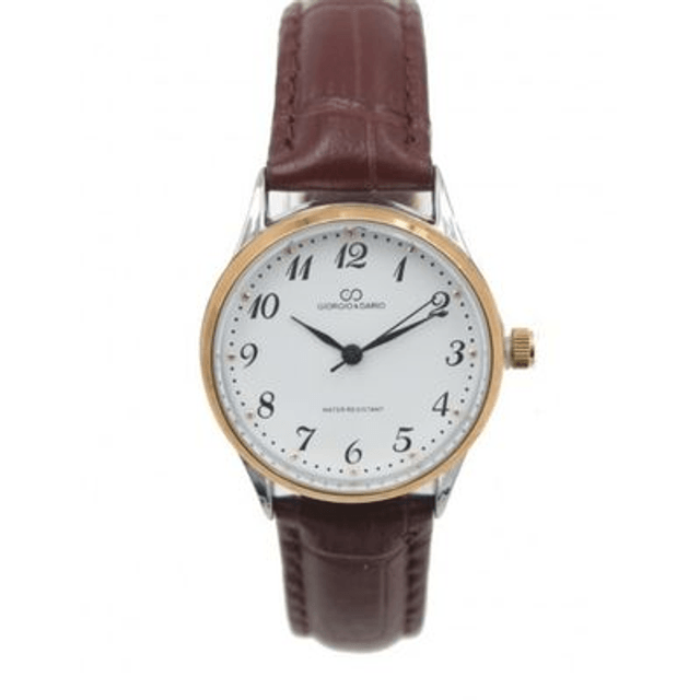 montre tendance femme Giorgio & Dario fond blanc, boitier acier inoxydable, étanche, et son bracelet cuir  de couleur marron