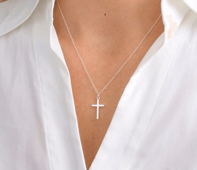 Collier croix, Marie Perle pour femme acier inoxydable, argenté  