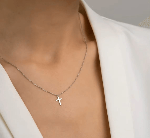 Collier croix, Marie Perle pour femme acier inoxydable, argenté  