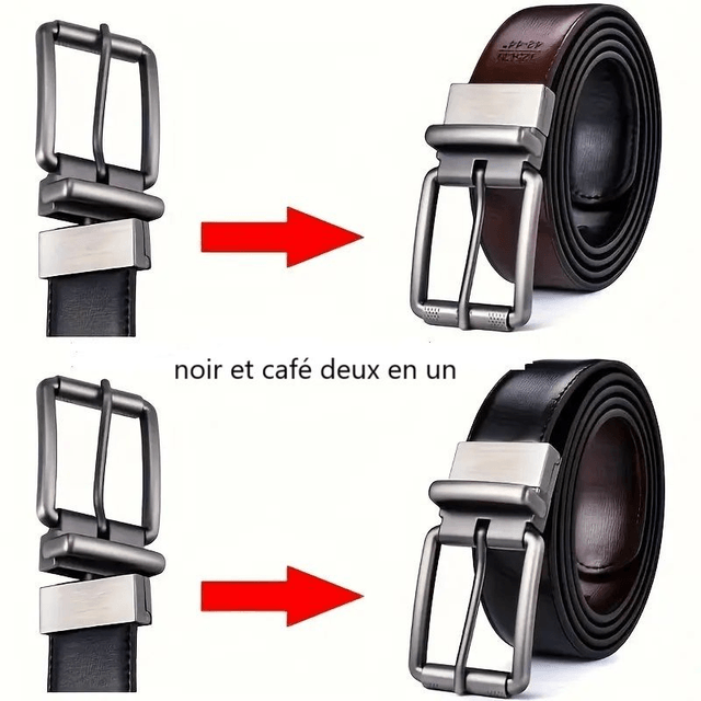 Ceinture Réversible boucle à épingle rotative, port double face noir et café deux en un 110 cm