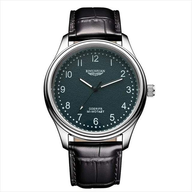 Montre pour hommes, fond vert bracelet en cuir noir étanche 3 bars 