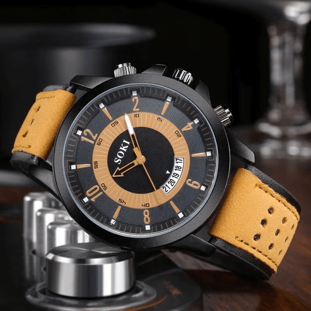 Montre de sport à quartz pour homme, bracelet en cuir, calendrier, mode