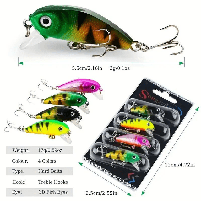 Ensemble de 4 Leurres de Pêche ABS Durable, Action de Nage Réaliste Pêche en Eau Douce & Salée