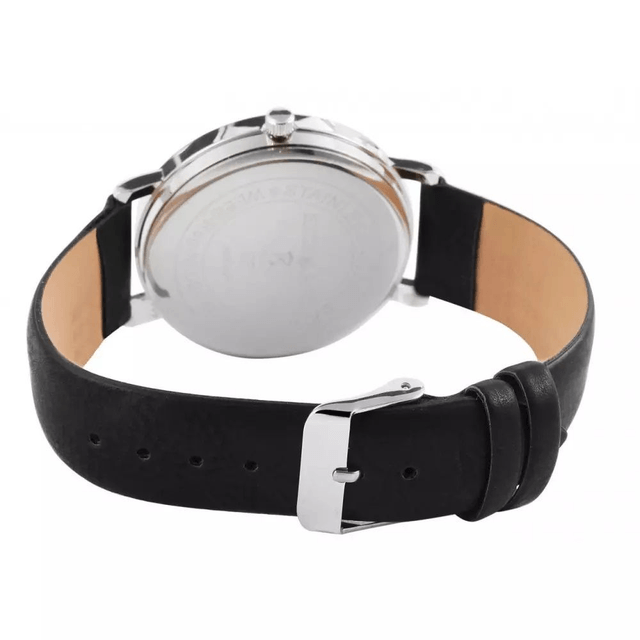 Montre Excellanc homme fond noir chiffres bâtons, trois petit cadran factice avec bracelet en cuir noir 