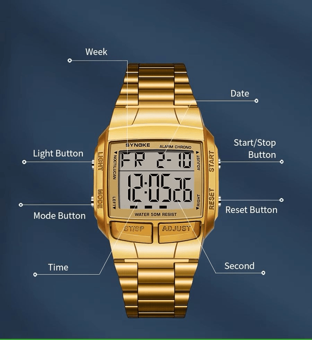 Montres de sport  numérique LED étanche pour hommes bracelet doré