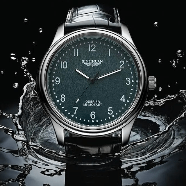 Montre pour hommes, fond vert bracelet en cuir noir étanche 3 bars 
