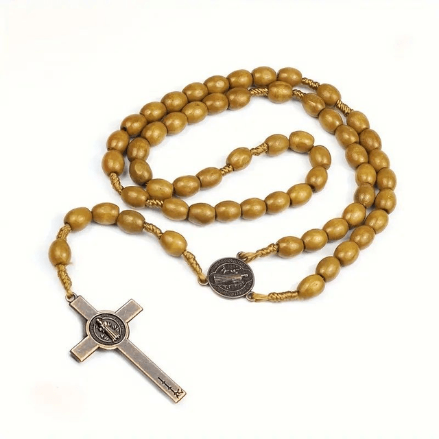 Chapelet en perles de bois ovale, unisexe chapelet catholique 