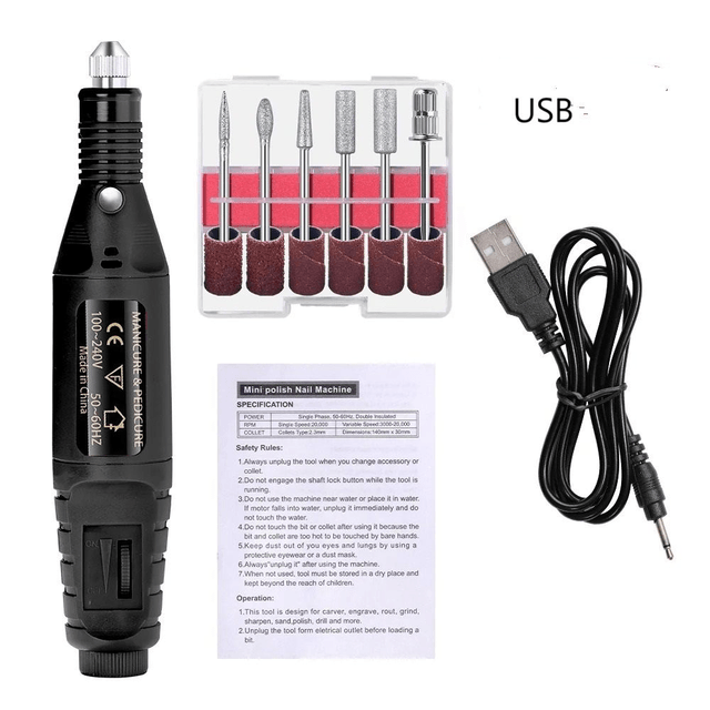 Perceuse à ongles électrique USB, 20000 tr/min noir