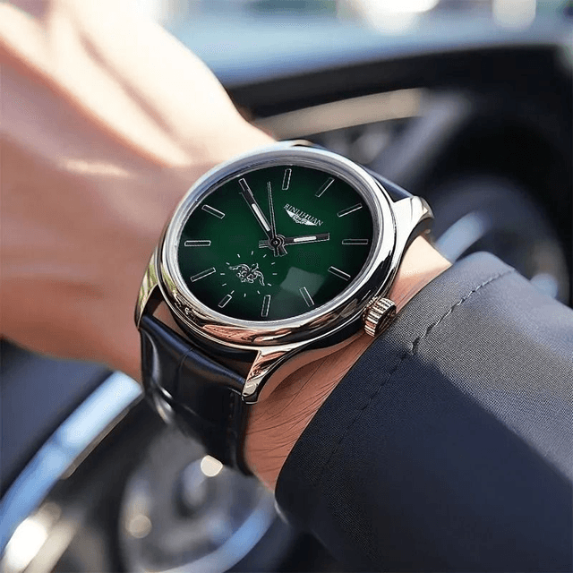 Montre à Quartz pour hommes, fond vert bracelet en cuir noir 