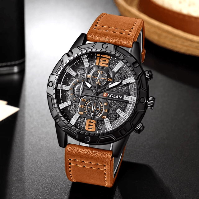 Montre à quartz avec bracelet en cuir marron pour homme 