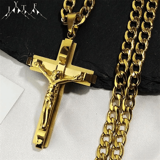 Collier croix plaqué or en acier inoxydable pour hommes