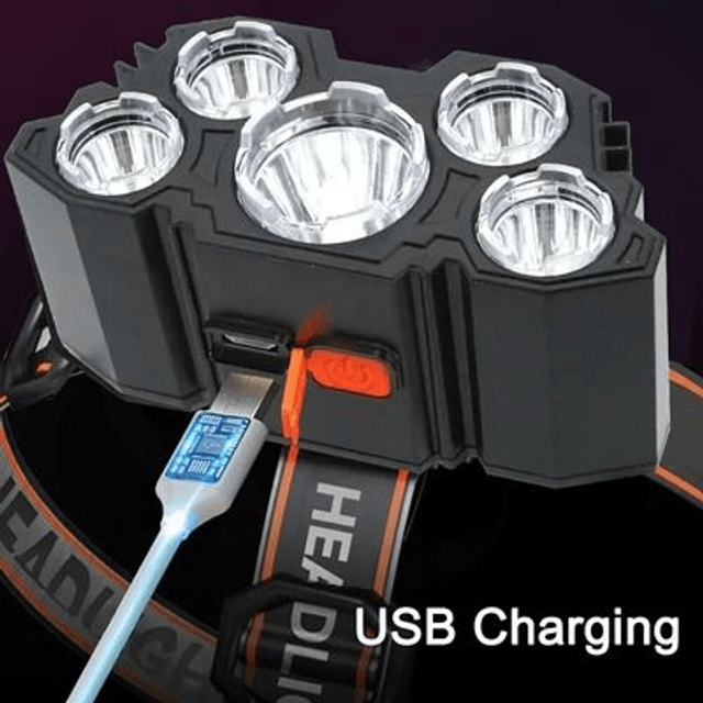 Lampe frontal à 5 LED, batterie 18650 intégrée lampe de poche, camping, aventure, pêche