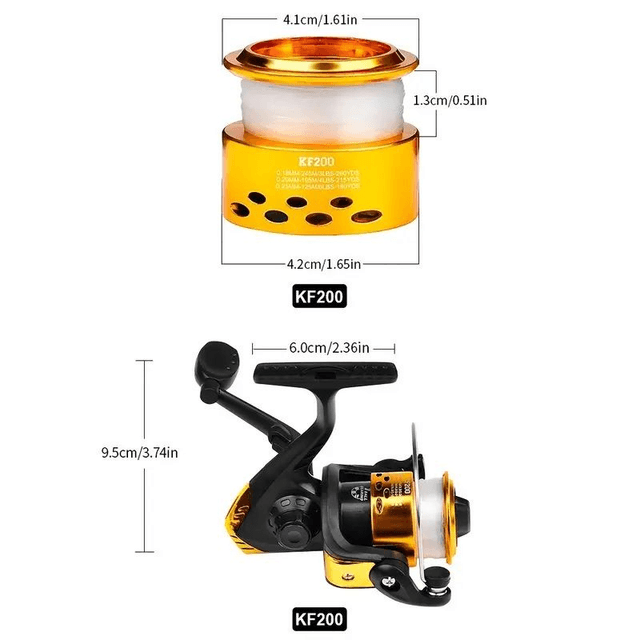 Moulinet de pêche pliant  de 40m de diamètre couleur jaune équipé d'une ligne de pêche,