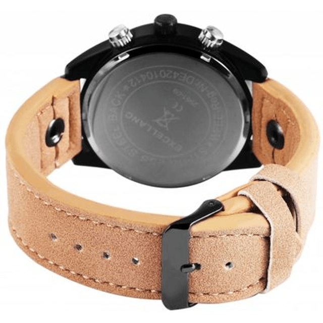 Montre marque Excellanc homme fond noir  bracelet cuir de couleur beige