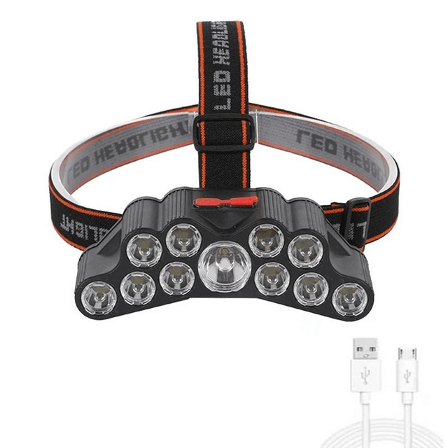 Lampe frontal à 11 LED, batterie intégrée lampe de poche, camping, aventure, pêche 