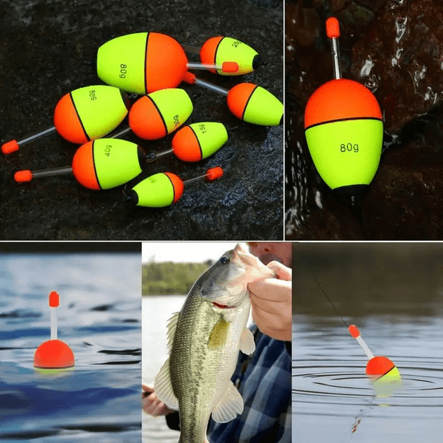 9 flotteurs de pêche en mousse Haute Visibilité, Bicolore orange & jaune