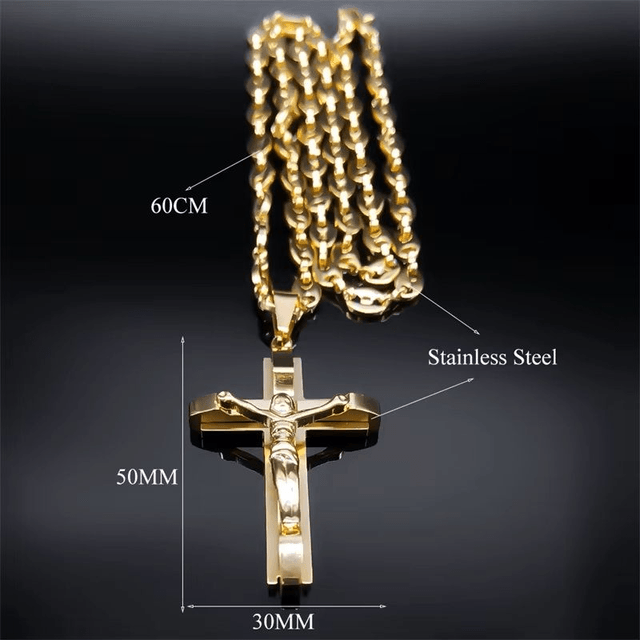Collier pendentif Crucifix croix de jésus pour hommes, en acier inoxydable, couleur or, chaîne de grains de café chrétien