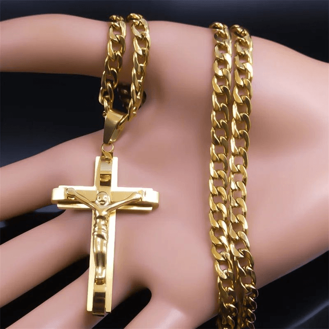 Collier croix plaqué or en acier inoxydable pour hommes