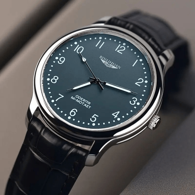 Montre pour hommes, fond vert bracelet en cuir noir étanche 3 bars 