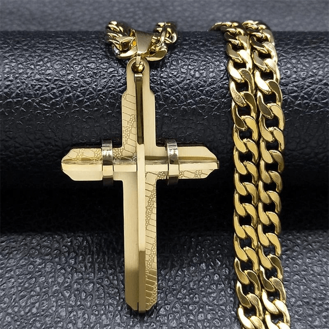 Collier croix marque Marie Perle pour homme et femme, en acier inoxydable plaqué or