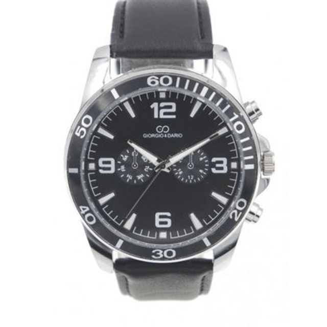 montre marque Giorgio & Dario tendance homme fond noir, chiffres arabes et son bracelet cuir noir