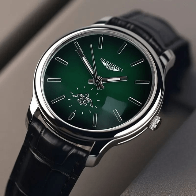 Montre à Quartz pour hommes, fond vert bracelet en cuir noir 