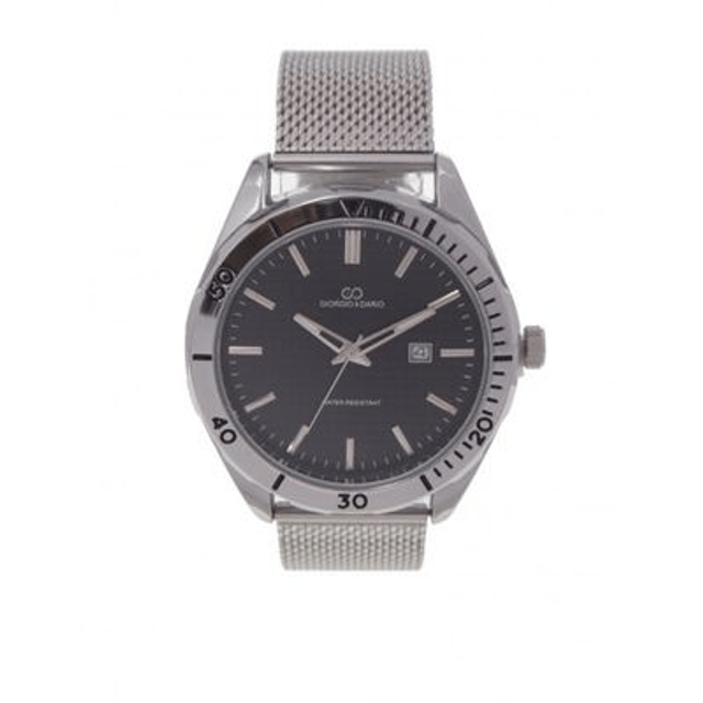 montre marque Giorgio & Dario homme fond noir, date, étanche et son bracelet maille milanaise  argentée 