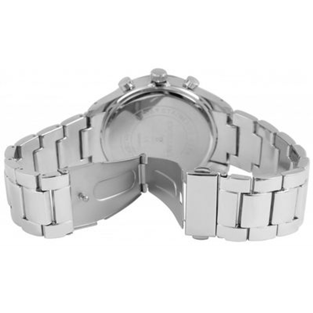 Montre marque Excellanc homme fond marron bracelet acier inoxydable de couleur argentée brillant.