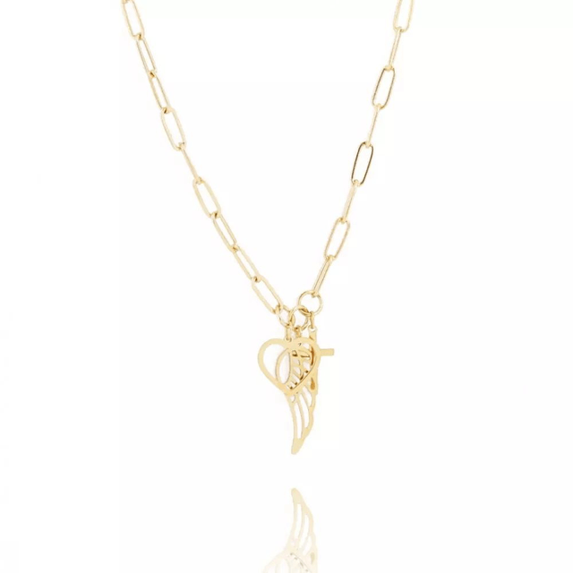 collier en acier chirurgical plaqué or 14 carats avec pendentif croix, coeur, et aile d'ange