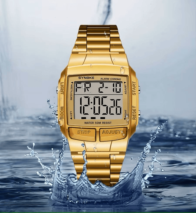 Montres de sport  numérique LED étanche pour hommes bracelet doré