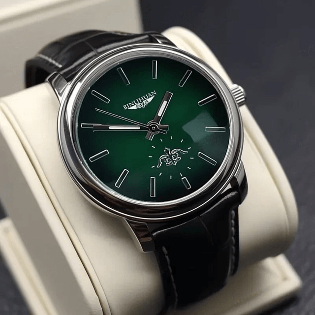 Montre à Quartz pour hommes, fond vert bracelet en cuir noir 