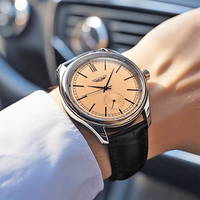 Montre bracelet cuir noir à quartz rétro ronde pour hommes étanche 3 bars
