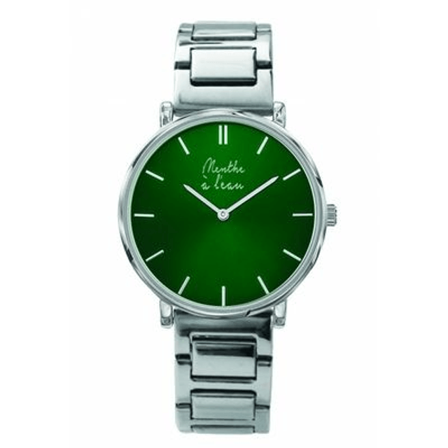 montre Menthe à l'eau mixte fond vert et index des minutes bâton argenté brillant  bracelet acier chromé brillant