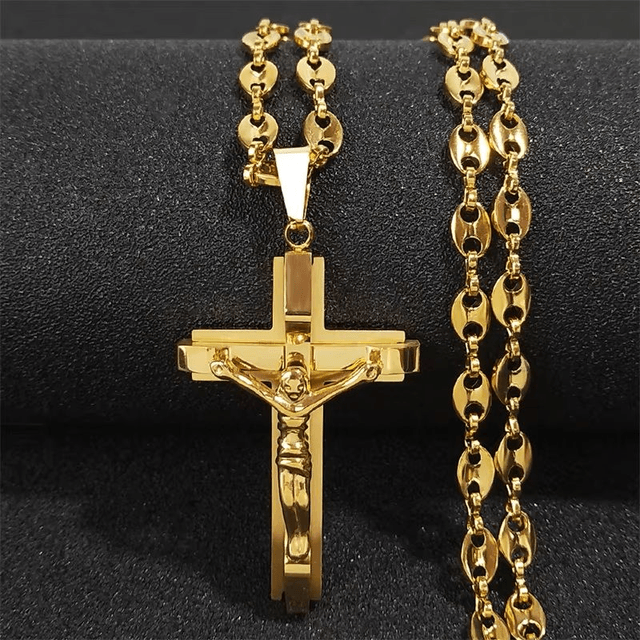 Collier pendentif Crucifix croix de jésus pour hommes, en acier inoxydable, couleur or, chaîne de grains de café chrétien