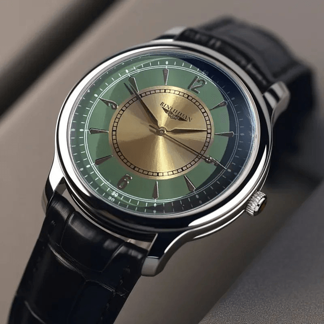 Montre pour hommes, fond vert bracelet en cuir noir