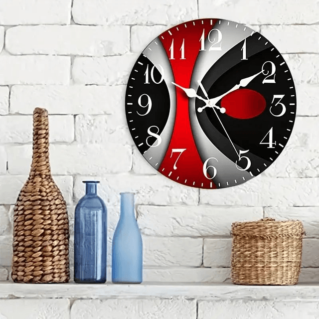 horloge murale, décoration Rond Noir et Rouge diamètre 25 cm 
