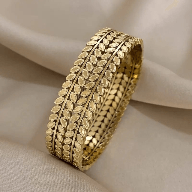 Bracelet large en acier inoxydable avec motif de feuille vintage