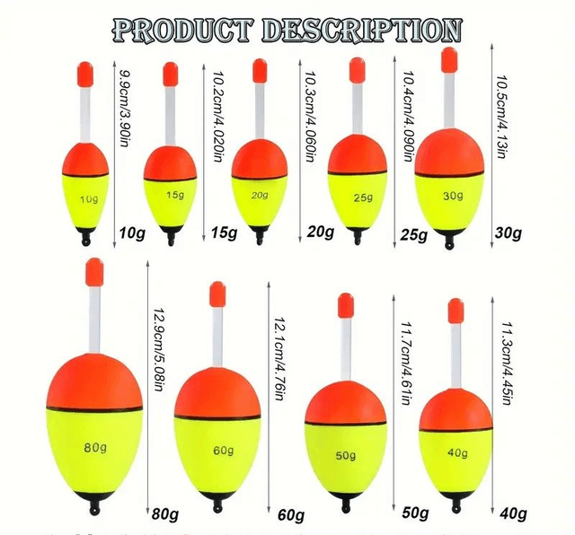 9 flotteurs de pêche en mousse Haute Visibilité, Bicolore orange & jaune