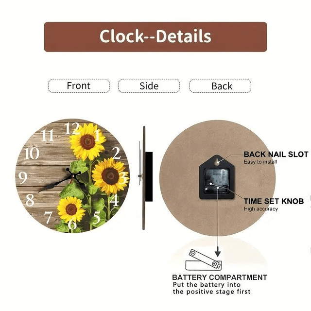 horloge murale tournesol, mouvement quartz silencieux silencieuse sans tic-tac  diamètre 20cm  