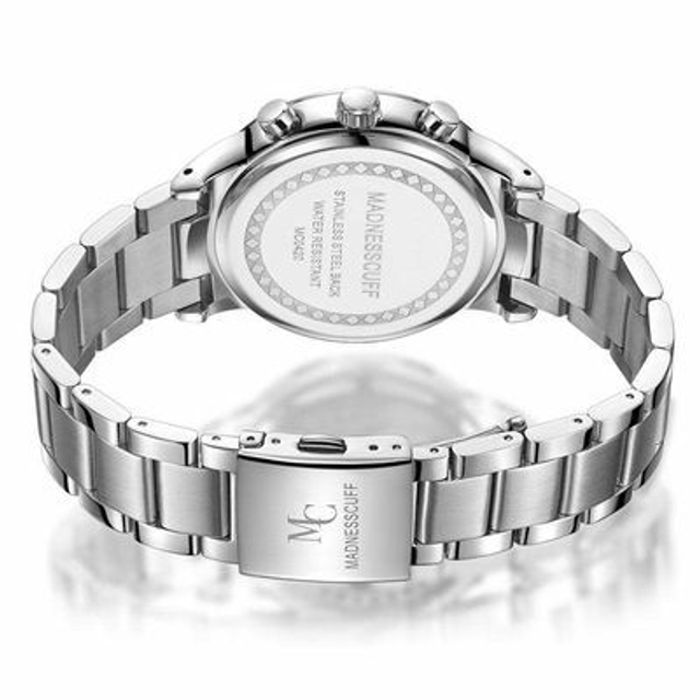montre Madnesscuff homme. fond noir étanche chronographe date bracelet maille acier inoxydable de couleur argentée + boite