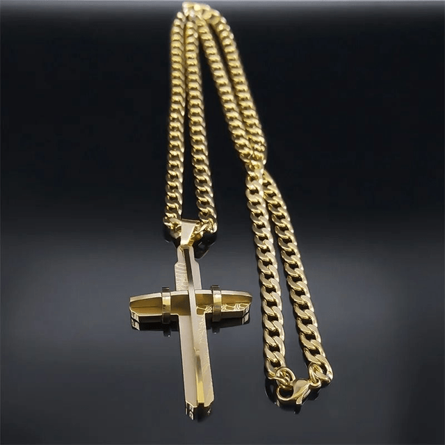 Collier croix marque Marie Perle pour homme et femme, en acier inoxydable plaqué or