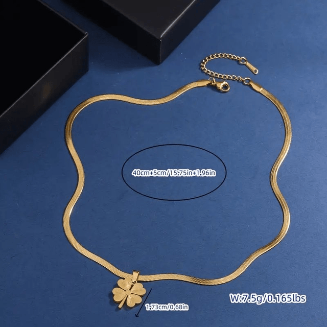 Collier Chaîne Serpent en Acier Inoxydable Plaqué Or 18K avec Pendentif Trèfle Porte-Bonheur 
