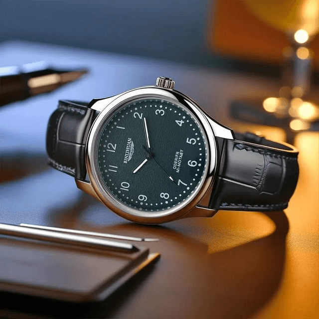 Montre pour hommes, fond vert bracelet en cuir noir étanche 3 bars 