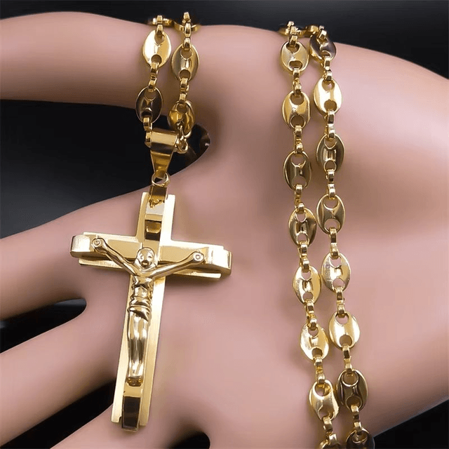 Collier pendentif Crucifix croix de jésus pour hommes, en acier inoxydable, couleur or, chaîne de grains de café chrétien