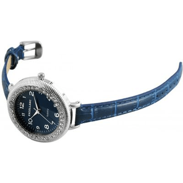 montre fond bleu marque Excellanc bracelet cuir bleu