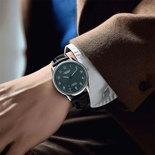 Montre pour hommes, fond vert bracelet en cuir noir étanche 3 bars 