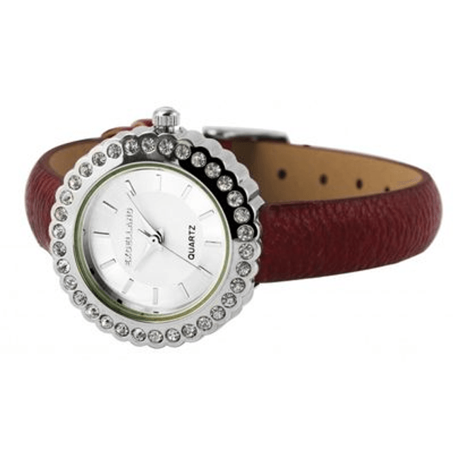 montre femme fond blanc et trass bracelet cuir de couleur rouge marque Excellanc