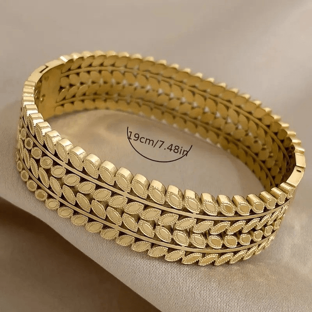 Bracelet large en acier inoxydable avec motif de feuille vintage